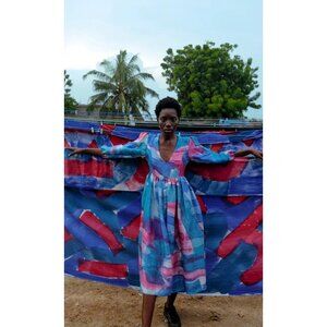 Osei-Duro Silk Linen Midi Dress Hand Dyed Tie Dye Boho V-Neck Long Sleeve M